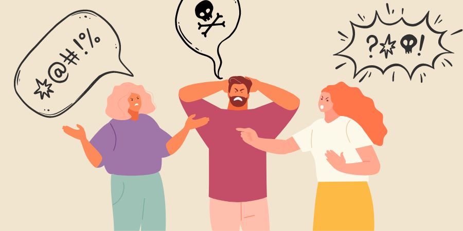 Illustration two people cursing at a person with a beard.